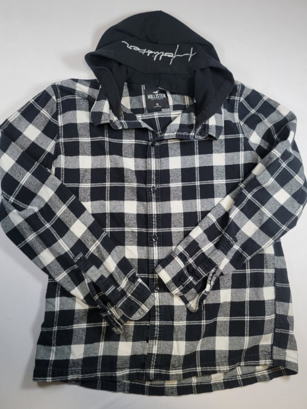 Hollister Black White Plaid Hooded Flannel Shirt Mens XL